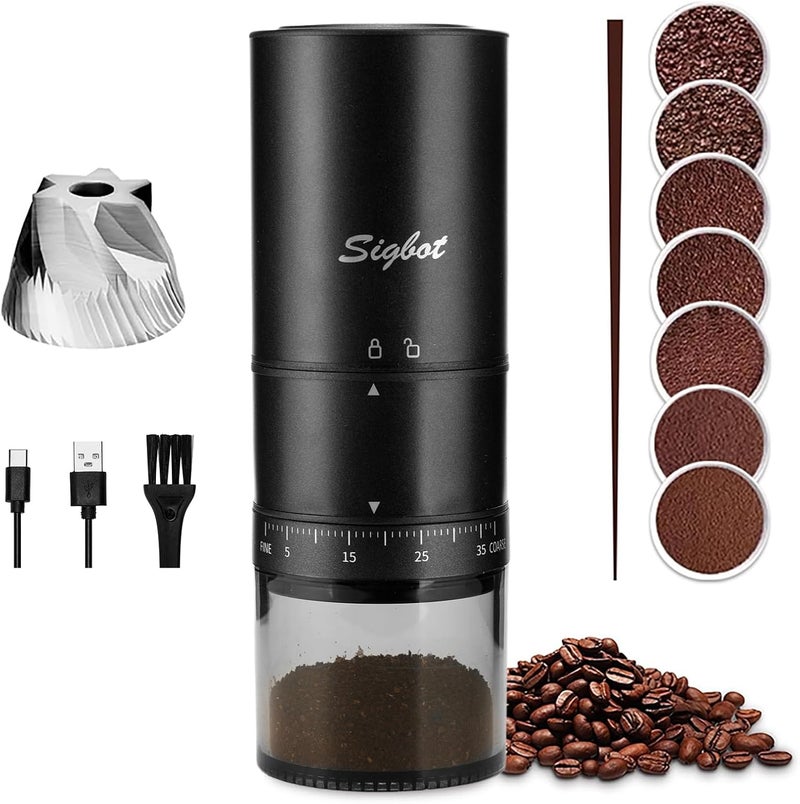 SIGBOT Portable Electric Coffee Grinder - 38 Grind Settings, Conical Burr & Black Stainless Steel Body, Rechargeable Mill for Espresso, Moka Pot, Turkish, Ideal for Camping and Travel - Image 1